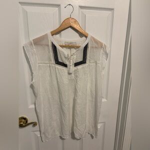 LOFT White Blouse with Blue Embroidery